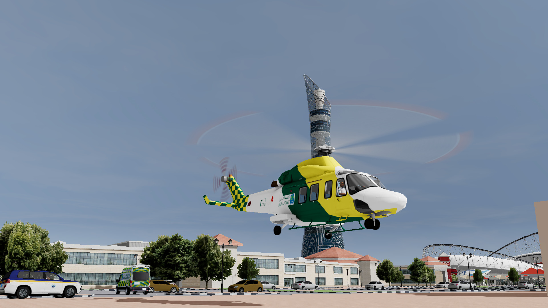 Medical Helicopter landing at the incident scene to provide urgent medical care during virtual simulation training with EMS.
